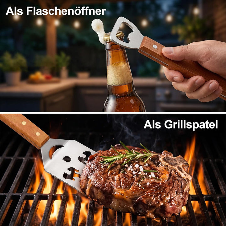 7 in 1 grillspachtel für Barbecue Grill Multifunktion Grillbesteck mit Holzgriff Geschenke für Männe