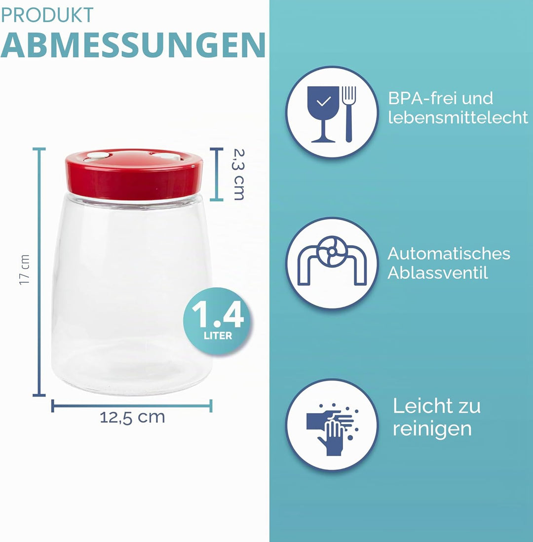 HEFTMAN Gärglas mit Entlüftungsventil mit 1-Wege-Entlüftung – 1,4 l Gärglas für Kefir, Kimchi, Sauer