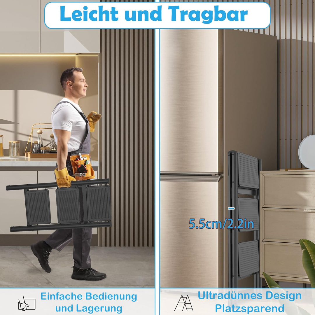 Aufun Trittleiter 3 Stufen, Klappleiter mit breitem Anti-Rutsch-Pedal, Haushaltsleiter Multifunktion