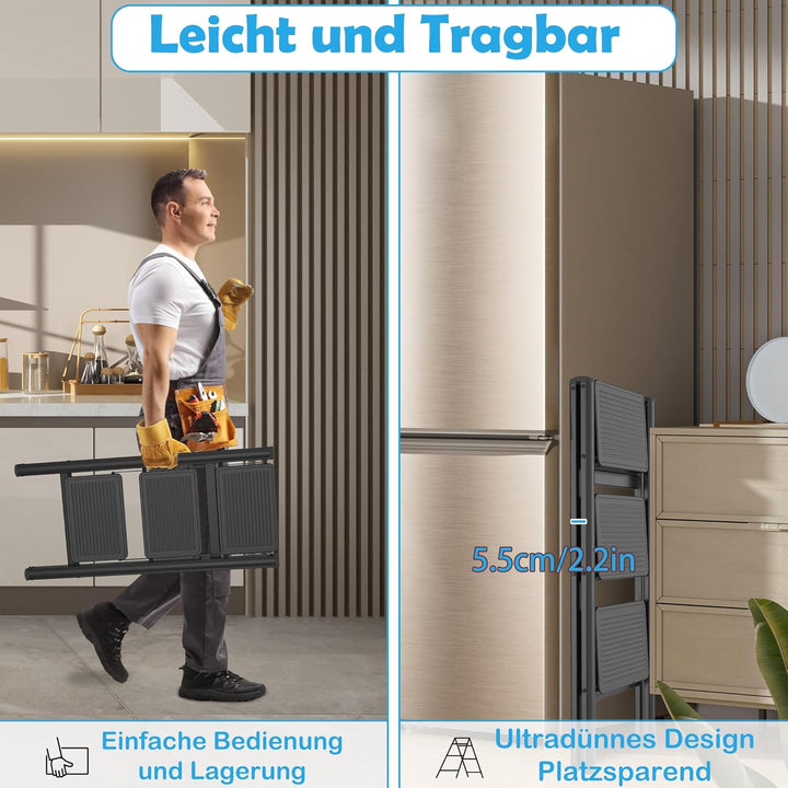 Aufun Trittleiter 3 Stufen, Klappleiter mit breitem Anti-Rutsch-Pedal, Haushaltsleiter Multifunktion