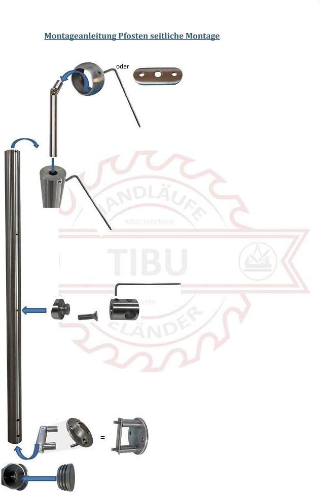 TIBU Einzelner Edelstahl Geländer Handlaufpfosten für seitliche Montage 6 Streben Seitenabstand 70mm