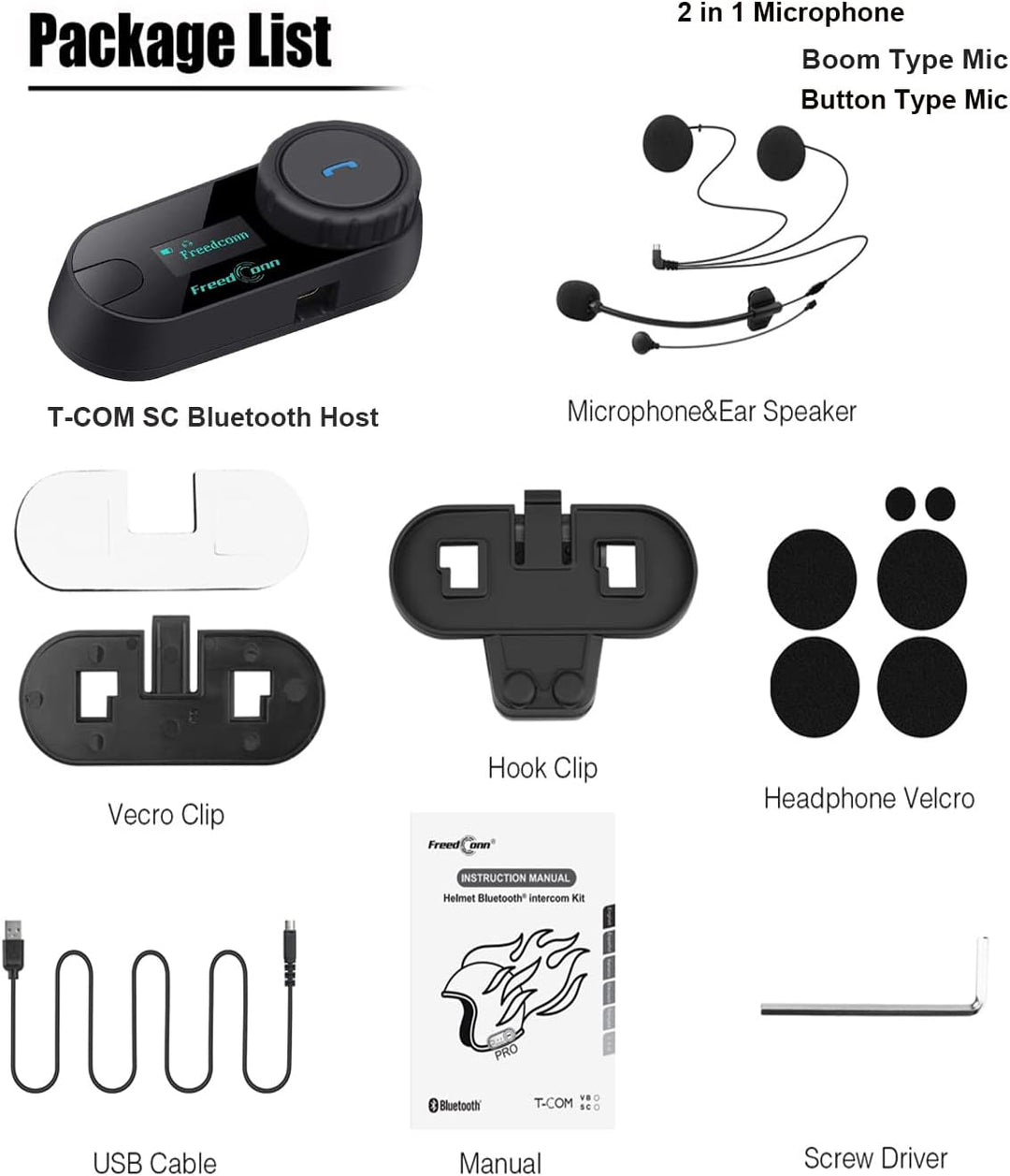 FreedConn Tcom-SC Intercom Motorrad Headset für 2 Personen Musik Teilen, Motorradhelm Kommunikations