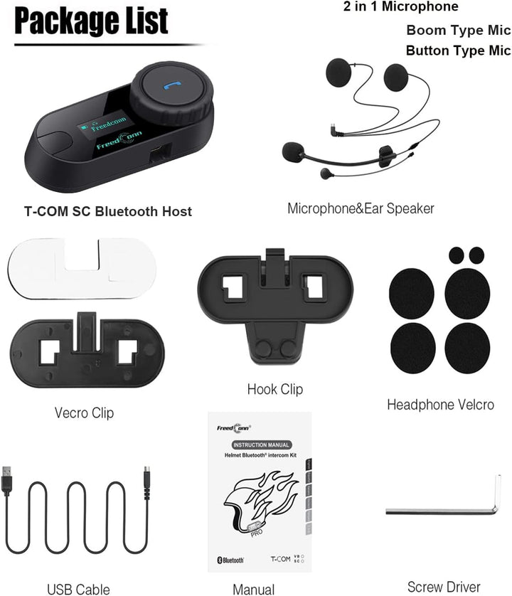 FreedConn Tcom-SC Intercom Motorrad Headset für 2 Personen Musik Teilen, Motorradhelm Kommunikations