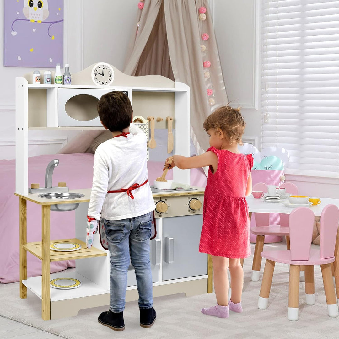 YRHome Kinderküche Holzküche Spielküche 68x26x78cm für Kinder Küchenzeile Zubehör Spielset mit 2 Koc