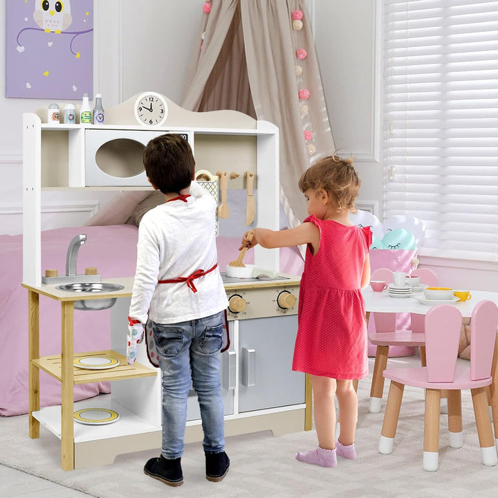YRHome Kinderküche Holzküche Spielküche 68x26x78cm für Kinder Küchenzeile Zubehör Spielset mit 2 Koc