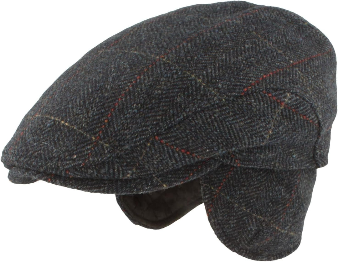 Breiter Herren Winter Schiebermütze mit Ohrenklappen Flatcap Schirmmütze 100% Wolle mit ausklappbare