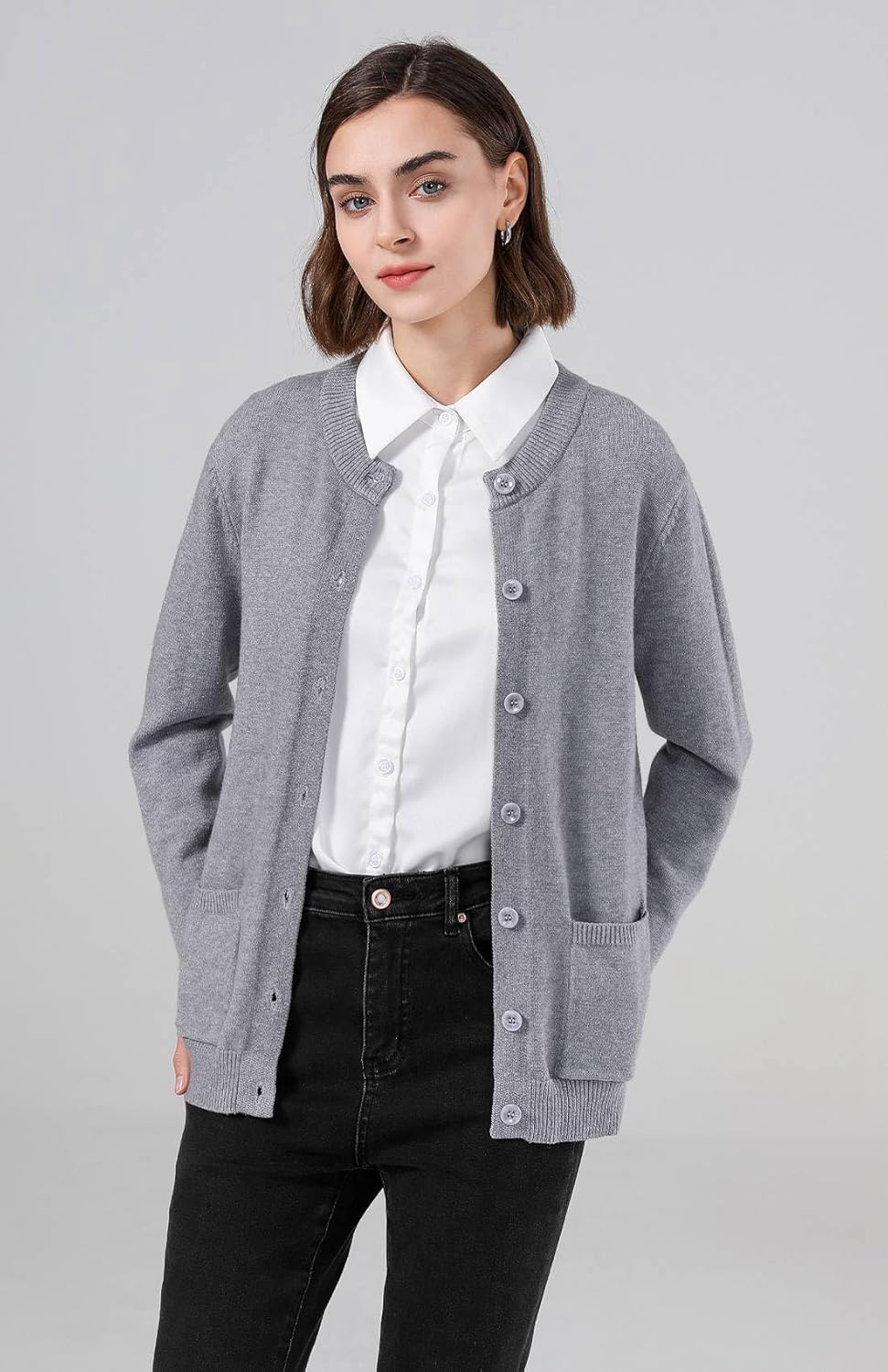 SMILING PINKER Damen Strickjacke Langarm Cardigan Warm Rundhals Strickweste Jacke mit Knopfleiste un