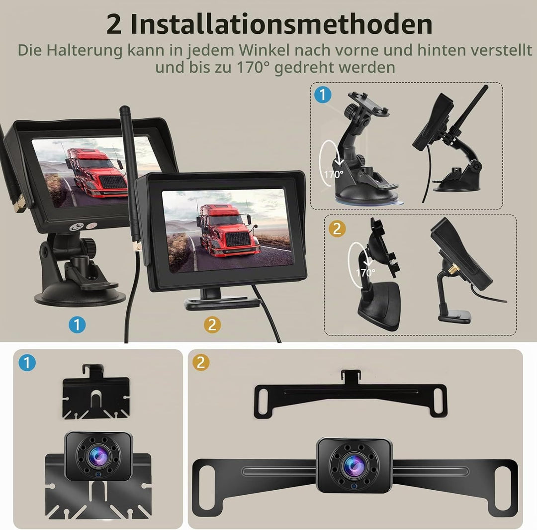 Hodozzy Kabellos Digital Rückfahrkamera Set mit 4,3 Zoll IPS Bildschirm Monitor und AHD Kamera Nacht