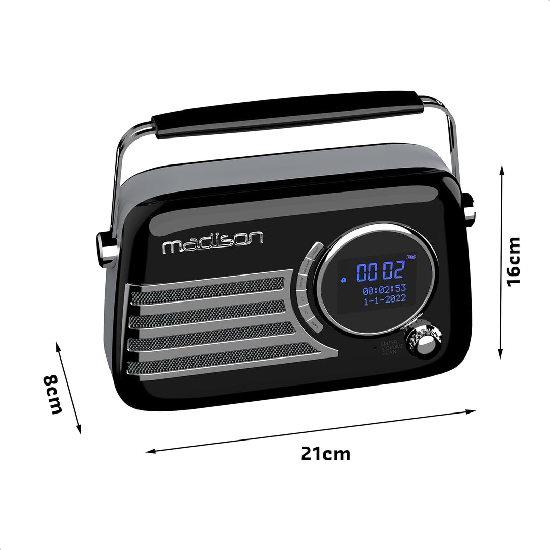 Madison - FREESOUND-VR40BK-DAB - Vintage DAB+ Radio mit Langer Akkulaufzeit - DAB+, FM, Bluetooth &