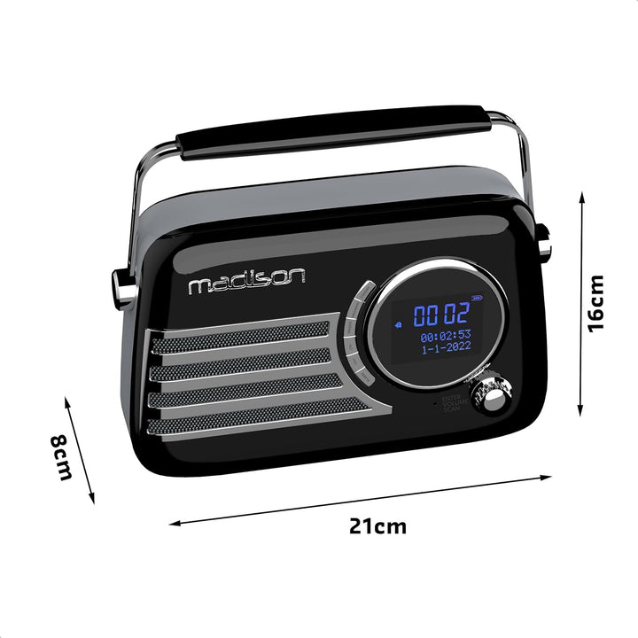 Madison - FREESOUND-VR40BK-DAB - Vintage DAB+ Radio mit Langer Akkulaufzeit - DAB+, FM, Bluetooth &