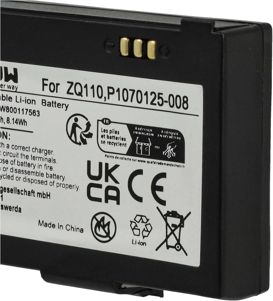 vhbw Akku kompatibel mit Zebra ZQ110 | ZQ220, ZR128 Barcodescanner POS (1100 mAh, 7,4 V, Li-Ion)
