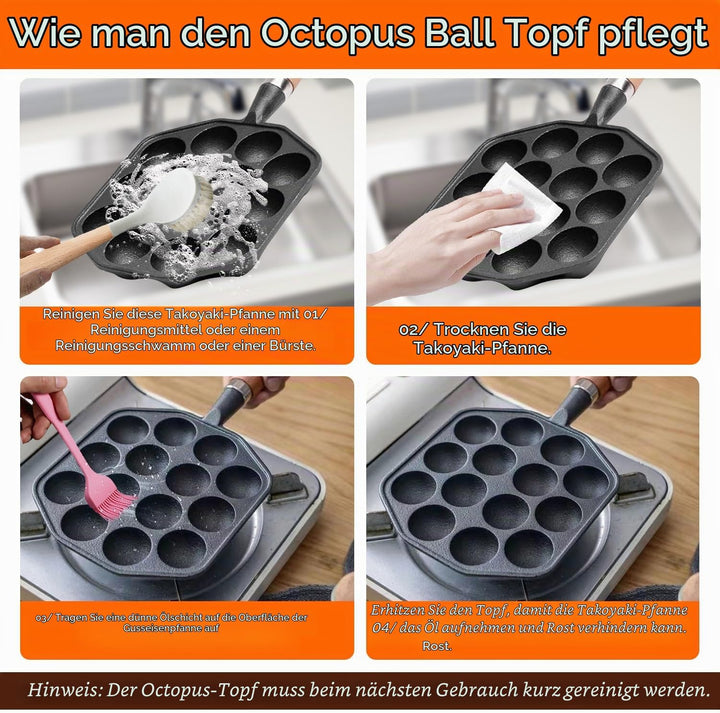 Tissting Takoyaki Pfanne Grillpfanne 14 Löcher 3,6cm Loch Antihaft Gusseisen Oktopus Pan mit Abnehmb