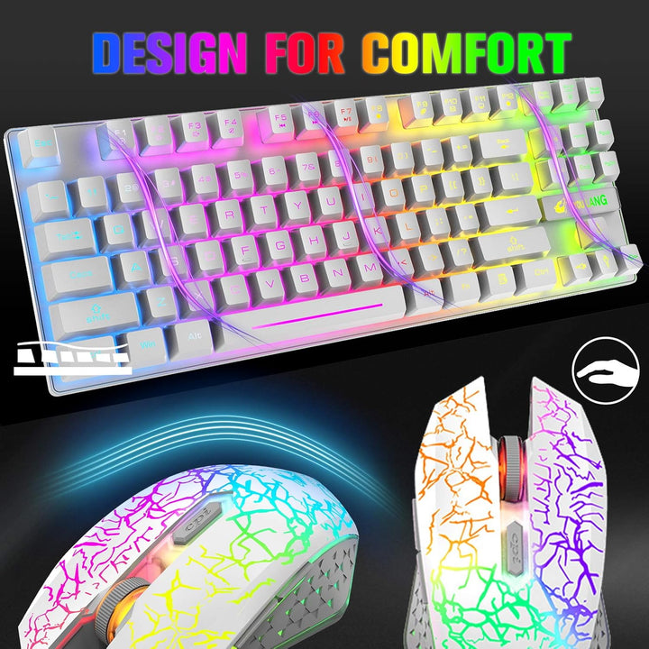 Kabellose Gaming-Tastatur und Maus, 87 Tasten, Regenbogen-LED-Hintergrundbeleuchtung, wiederaufladba