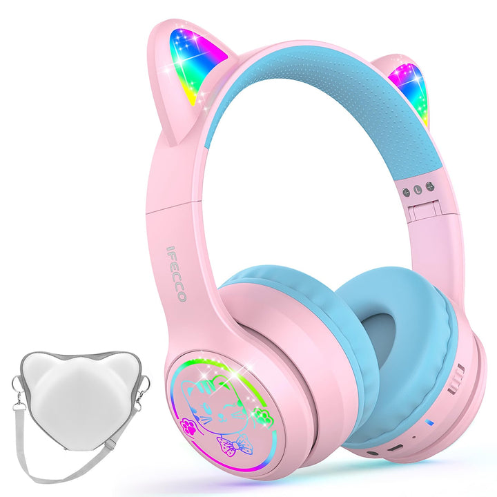 IFECCO Bluetooth Kopfhörer Kinder mit Mikrofon, Kinder Kabellos Kopfhörer mit Tasche, LED-Leuchten K