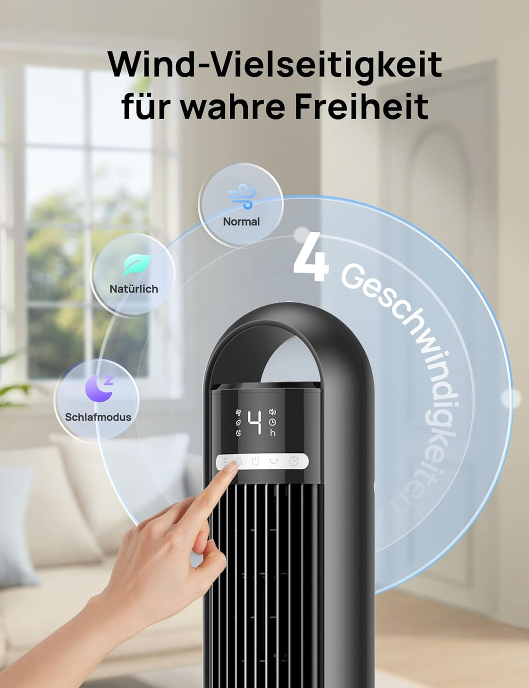 Dreo 23dB Leiser Turmventilator, Fernbedienung für Schlafzimmer, Tower Fan mit 4 Geschwindigkeiten,