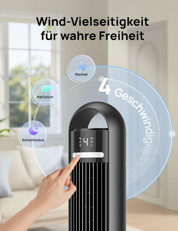 Dreo 23dB Leiser Turmventilator, Fernbedienung für Schlafzimmer, Tower Fan mit 4 Geschwindigkeiten,