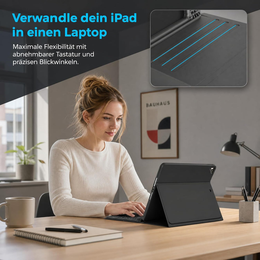 iPad 9 Generation Hülle mit Tastatur, Passend für die 8/7, Schwarz | QWERTZ, Beleuchtete, Magnetisch