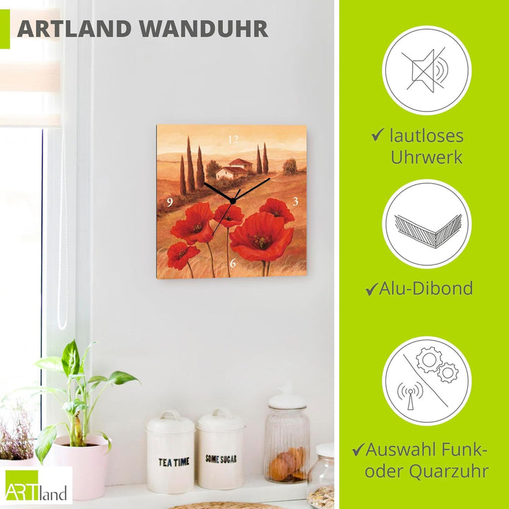 ARTLAND Wanduhr ohne Tickgeräusche Leinwand Quarzuhr 30x30 cm Quadratisch Lautlos Toskana Landschaft