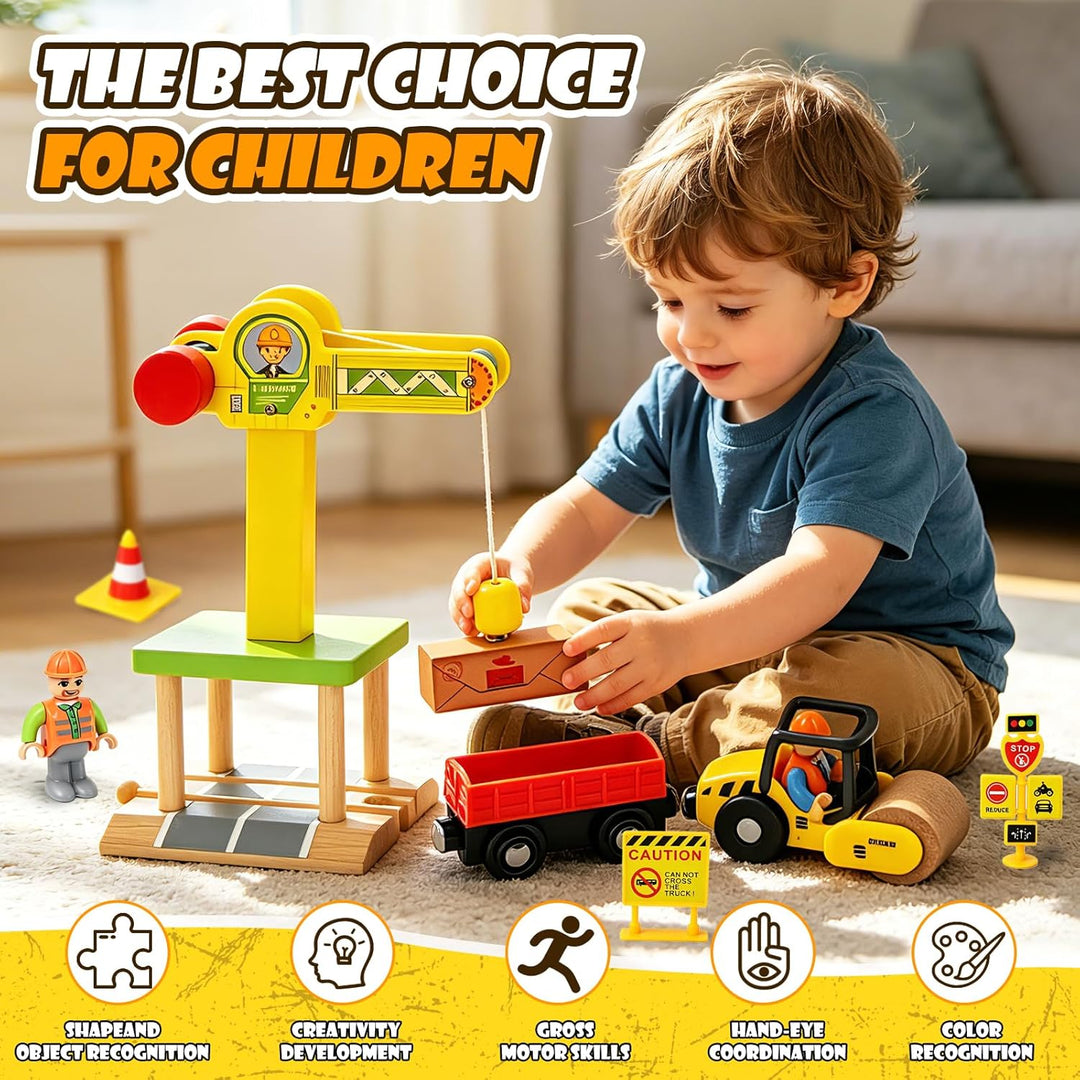 Baufahrzeuge Kinder Holzspielzeug, Magnetisch Baustelle Kran Spielzeug mit Turmkran Bagger Kranwagen