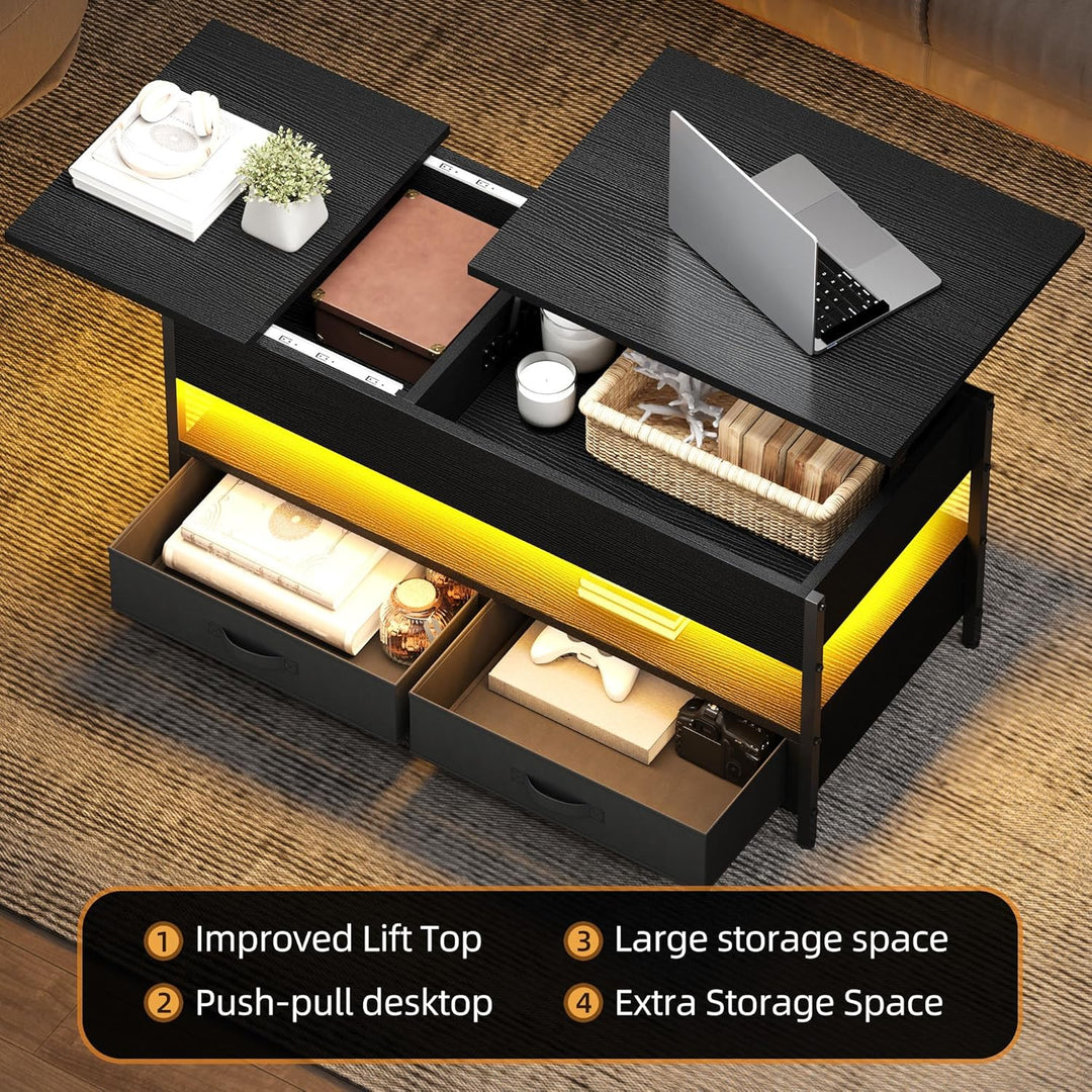 DWVO Couchtisch Höhenverstellbar mit 2 Schublade und Offener Lagerraum, LED Couchtisch mit Versteckt