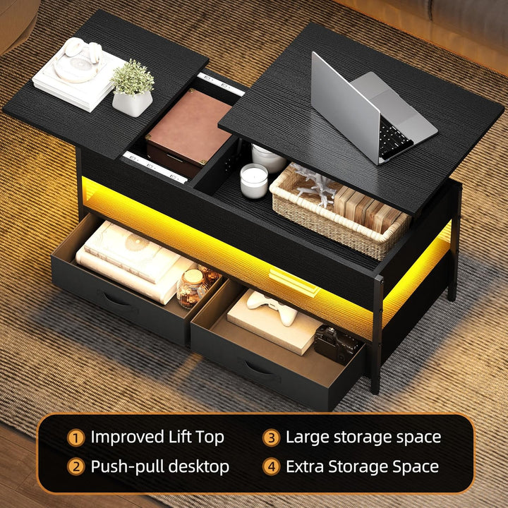 DWVO Couchtisch Höhenverstellbar mit 2 Schublade und Offener Lagerraum, LED Couchtisch mit Versteckt