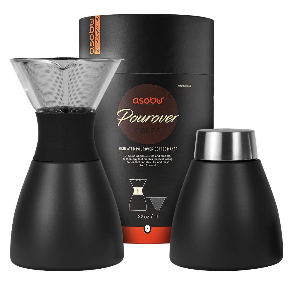 asobu Kaffeekocher, isoliert, ca. 90 ml, Schwarz Doppelwandiges Vakuum, Edelstahlfilter, hält bis zu