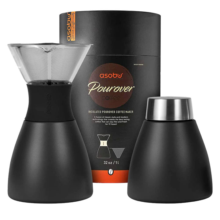 asobu Kaffeekocher, isoliert, ca. 90 ml, Schwarz Doppelwandiges Vakuum, Edelstahlfilter, hält bis zu