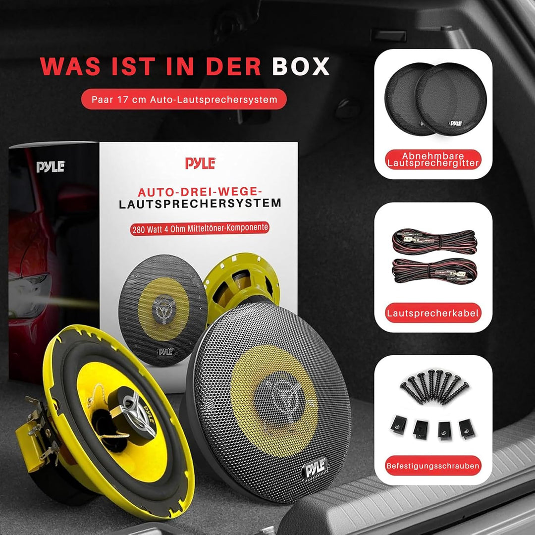 Pyle 3-Weg Lautsprecher (Paar, 280 Watt) 6.5" (165 mm), 3 Wege , 16,5 cm
