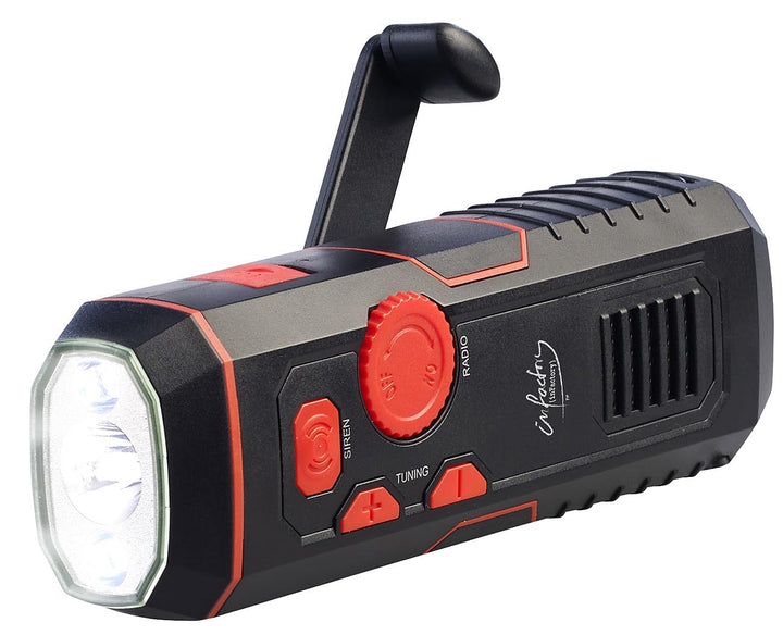 infactory Radio mit Kurbel: Dynamo-FM-Radio und Taschenlampe mit 120-dB-Sirene, USB-Ladefunktion (So