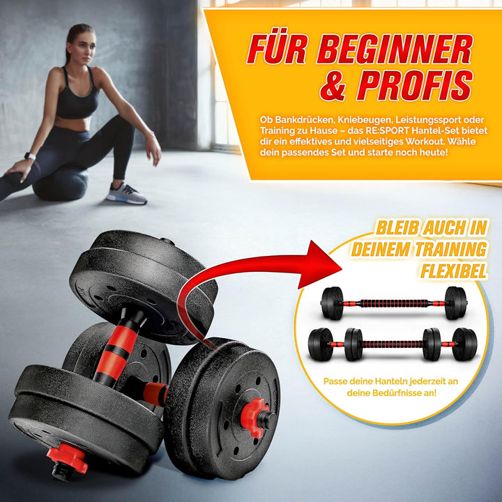 RE:SPORT 2 in 1 Hanteln Set 15-30kg | Hantelset verstellbar | Kurzhantel & Langhantel | Sternverschl