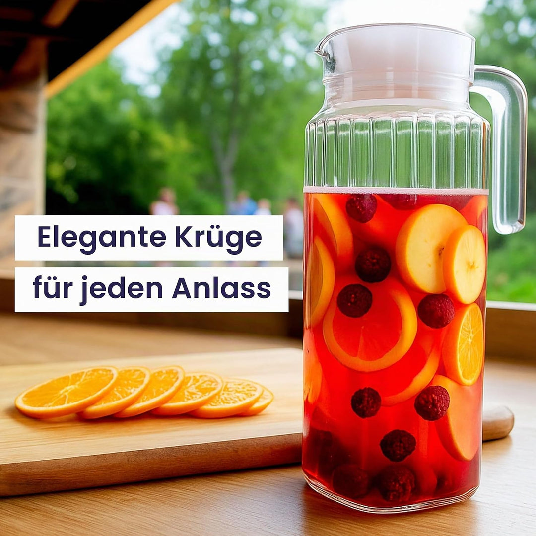 Kühlschrankkrug 1,7L Glas Wasserkrug mit Deckel (2er Pack) – Glaskrug Geriffeltem Glasdesign & Griff