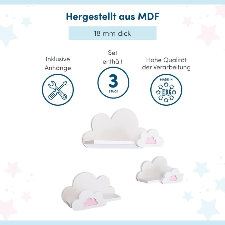 3er Set Wandregal Kinderzimmer Weiss | Babyzimmer Wolkenregal für Bücher, Spielzeug, Dekoration | Re