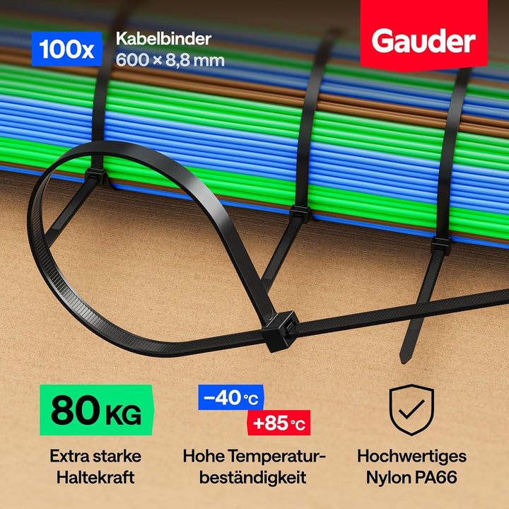 GAUDER Kabelbinder schwarz (80 kg Zugfestigkeit) - Extra starke und lange Kabelbinder für Kabelmanag