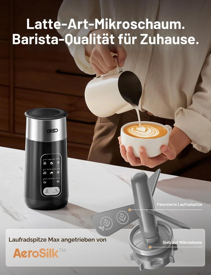DREO Milchaufschäumer, 6-in-1 Elektrischer Milchschäumer für Latte Art Mikroschaum und Kaffee, 270ml