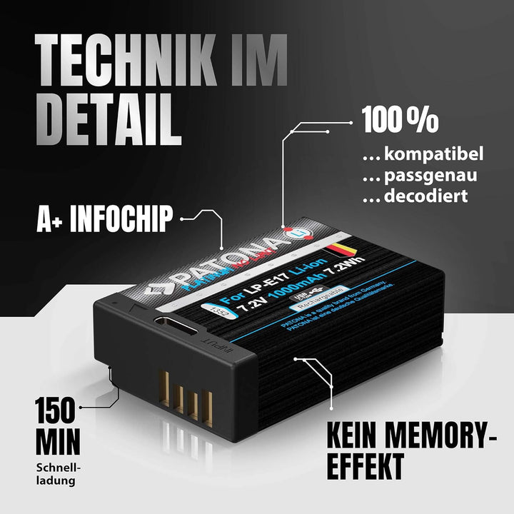 PATONA 2X Platinum Akku Ersatz für Canon LP-E17 LPE17 mit USB-C, 1000mAh | Ersatzakku für EOS RP R10