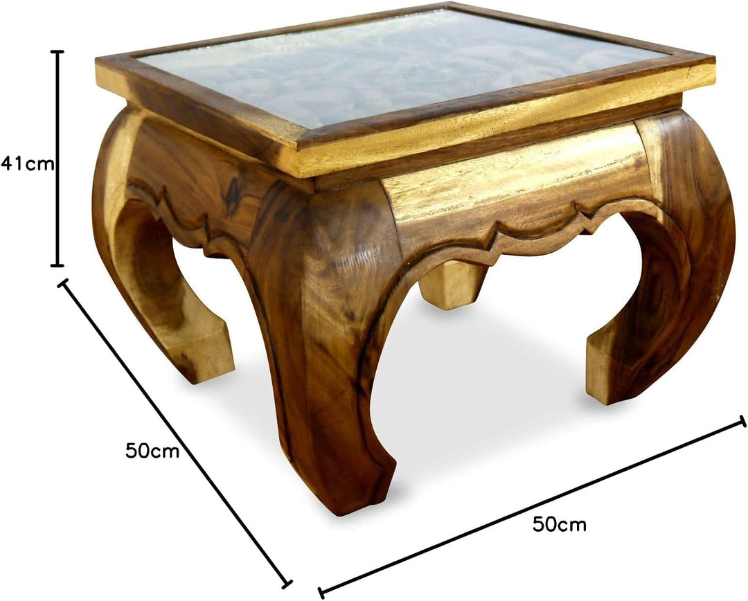 livasia Opiumtisch, Kaffeetisch, Couchtisch, Massivholztisch mit Schnitzerei u. Glasplatte (Natur),