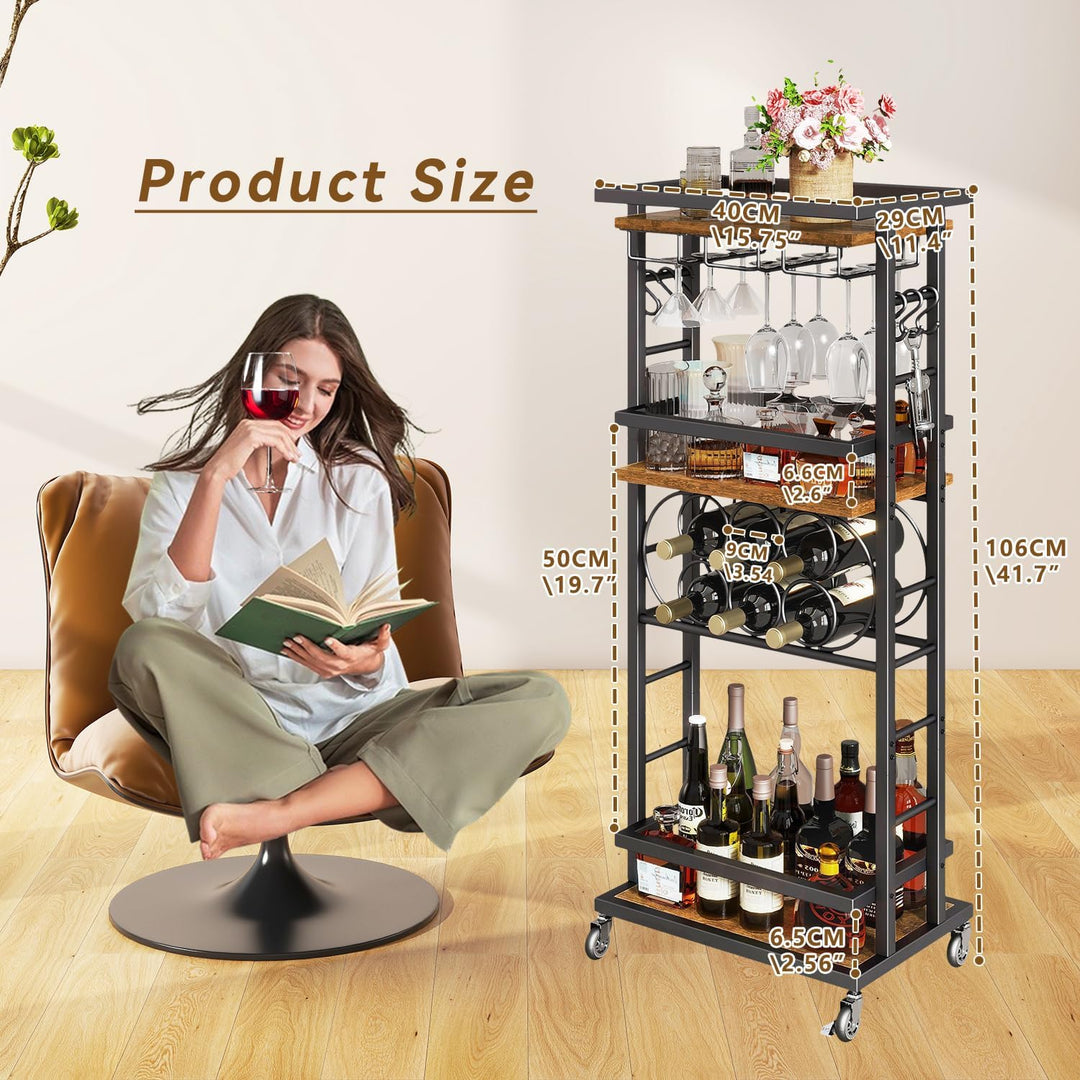 IBUYKE 4 Ebenen Weinregal mit Rollen,Freistehend Weinregal, Barwagen für Spirituosen, Whisky und Wei