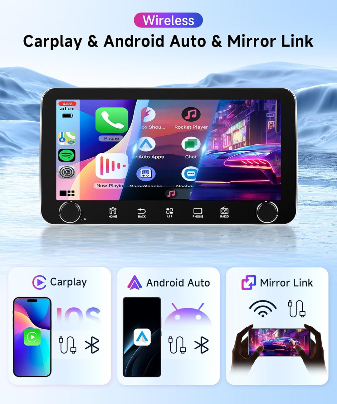 Rimoody 2+64G Autoradio 1 Din Wireless Carplay Android Auto 10.36 Zoll IPS 360° Drehbarer Bildschirm