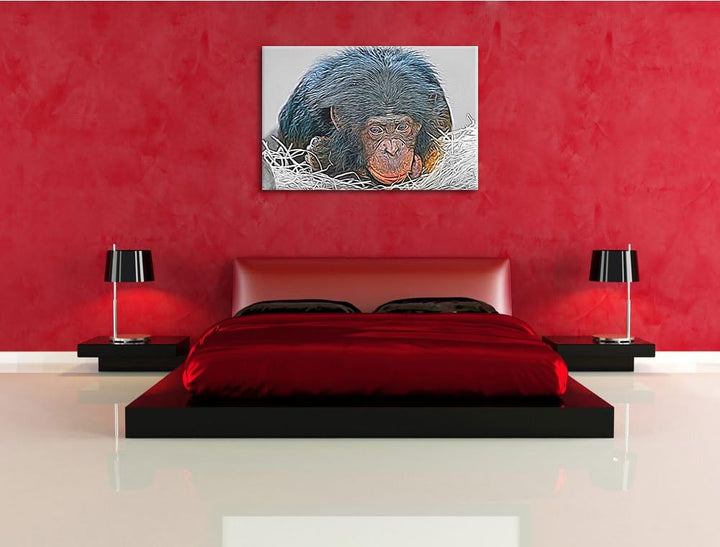 kleiner Schimpanse im Heu schwarz/weiss Deluxe Format: 100x70 cm auf Leinwand, XXL riesige Bilder fe