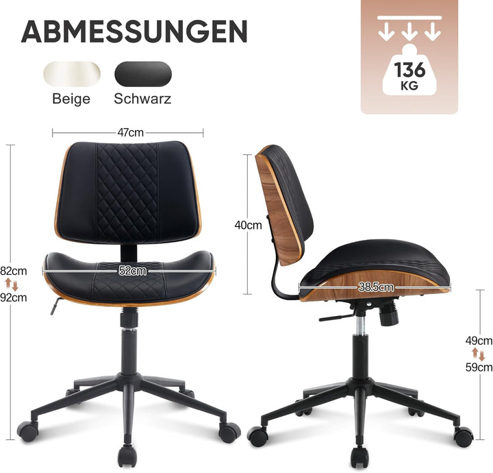 Bürostuhl ohne Armlehne Schreibtischstuhl Leder Holz Modern Homeoffice Chair Wippfunktion bis 136 kg