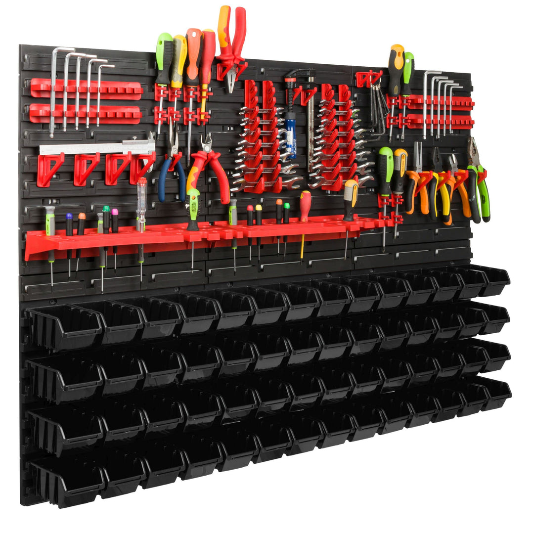 Lagersystem Werkstattregal | 117 x 78 cm | 56 stck. Box | Wandregal mit Werkzeughalterungen und Stap