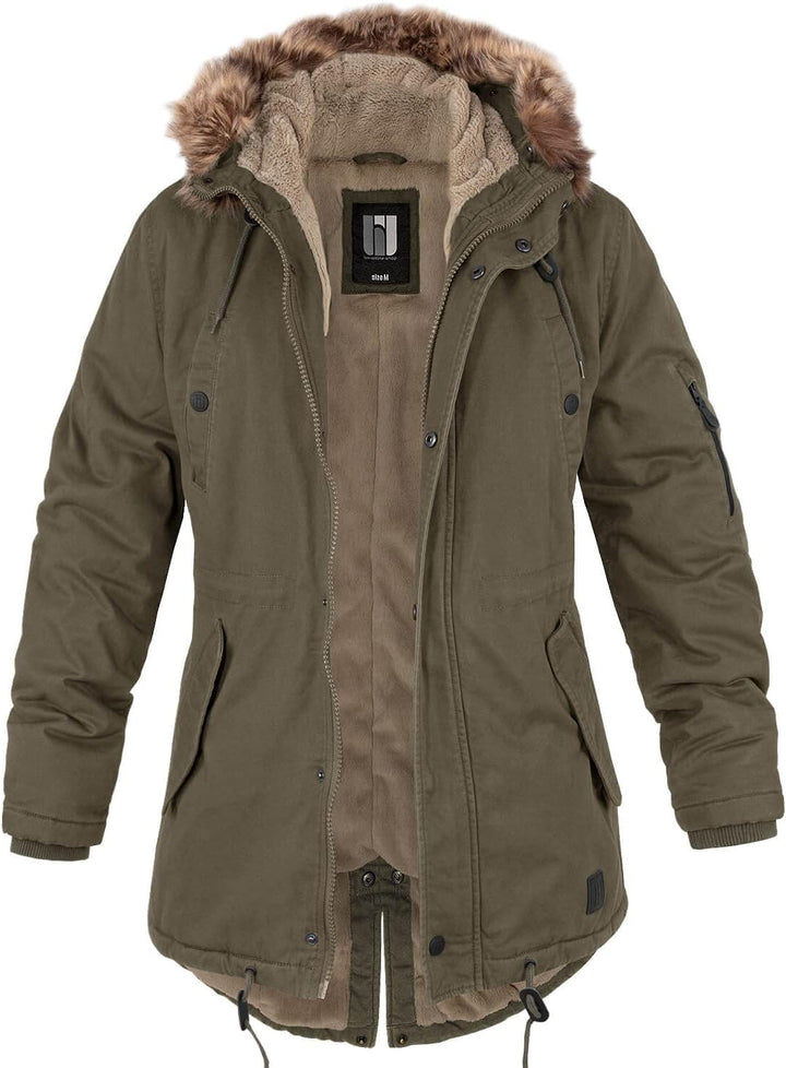 bw-online-shop Ladies Fishtail Winterparka mit Teddyfutter Parka Jacke Wintermantel XS Oliv, XS Oliv