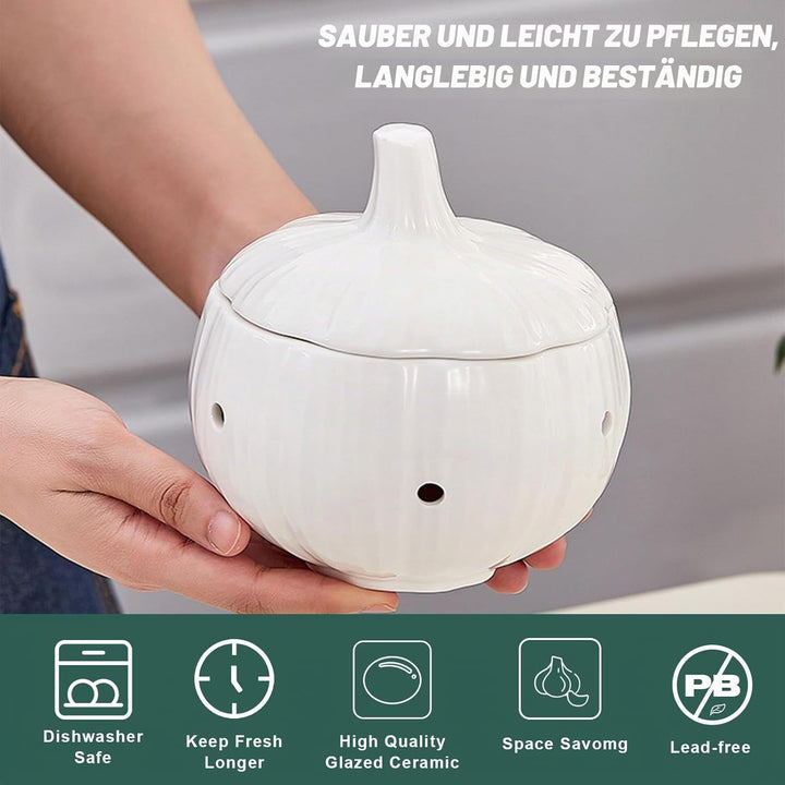 MARUKO Knoblauch Aufbewahrung, Keramik Zwiebeltopf, Keramik-Aufbewahrungstopf für Knoblauch mit Belü