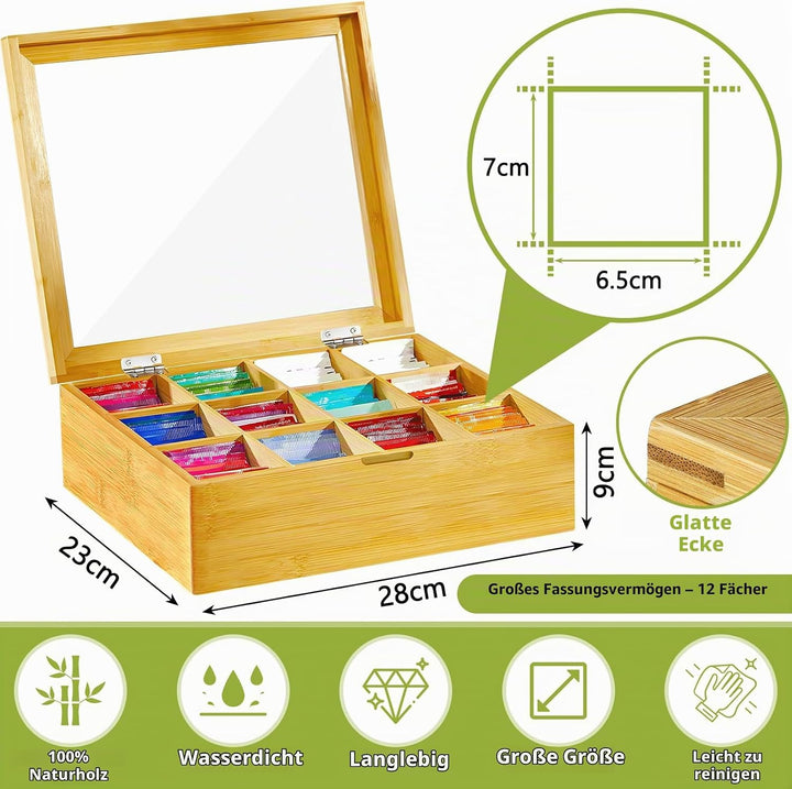Teebox, Teebox aus Holz mit 12 Fächern,Teebeutel Aufbewahrungsbox,Teekiste mit Sichtfenster 28 x 22.
