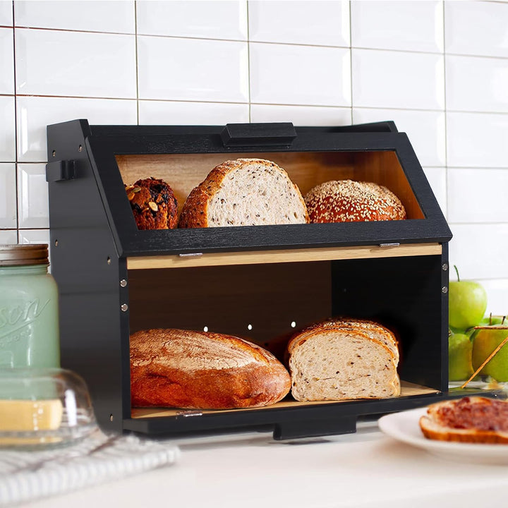 Bambus Brotkasten mit Belüftung, Grosser Brotbox, 2 Etagen und Sichtfenster, Holz Brotbehälter für H
