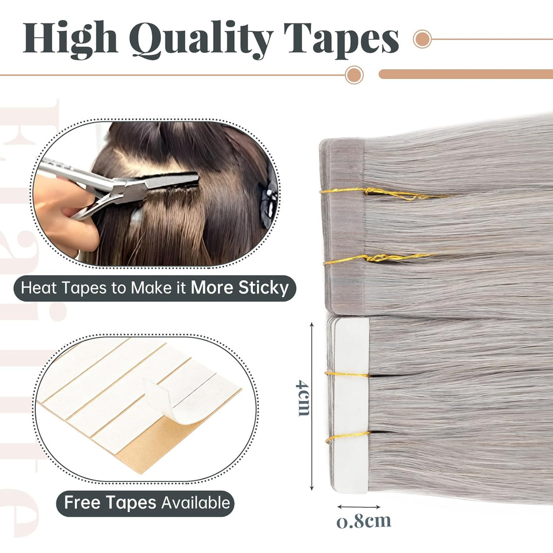 Elailite Extensions Echthaar Tape Grau, 20 Stück 30g Unsichtbar Kleber Haarverlängerungen Glattes 50