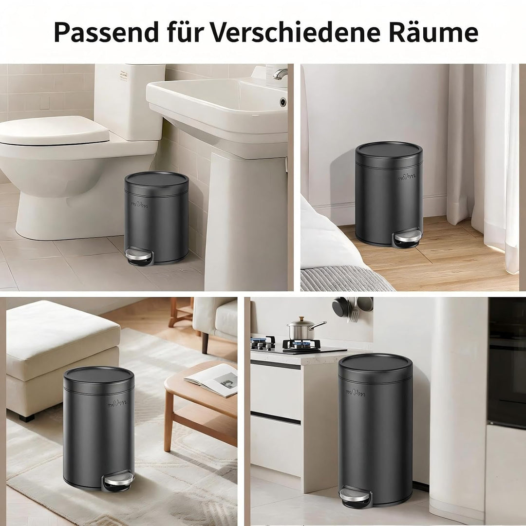 mVm Mülleimer Bad 3L, Mülleimer mit Deckel, Schwarz | Soft-Close, Herausnehmbarem Inneneimer, Finger