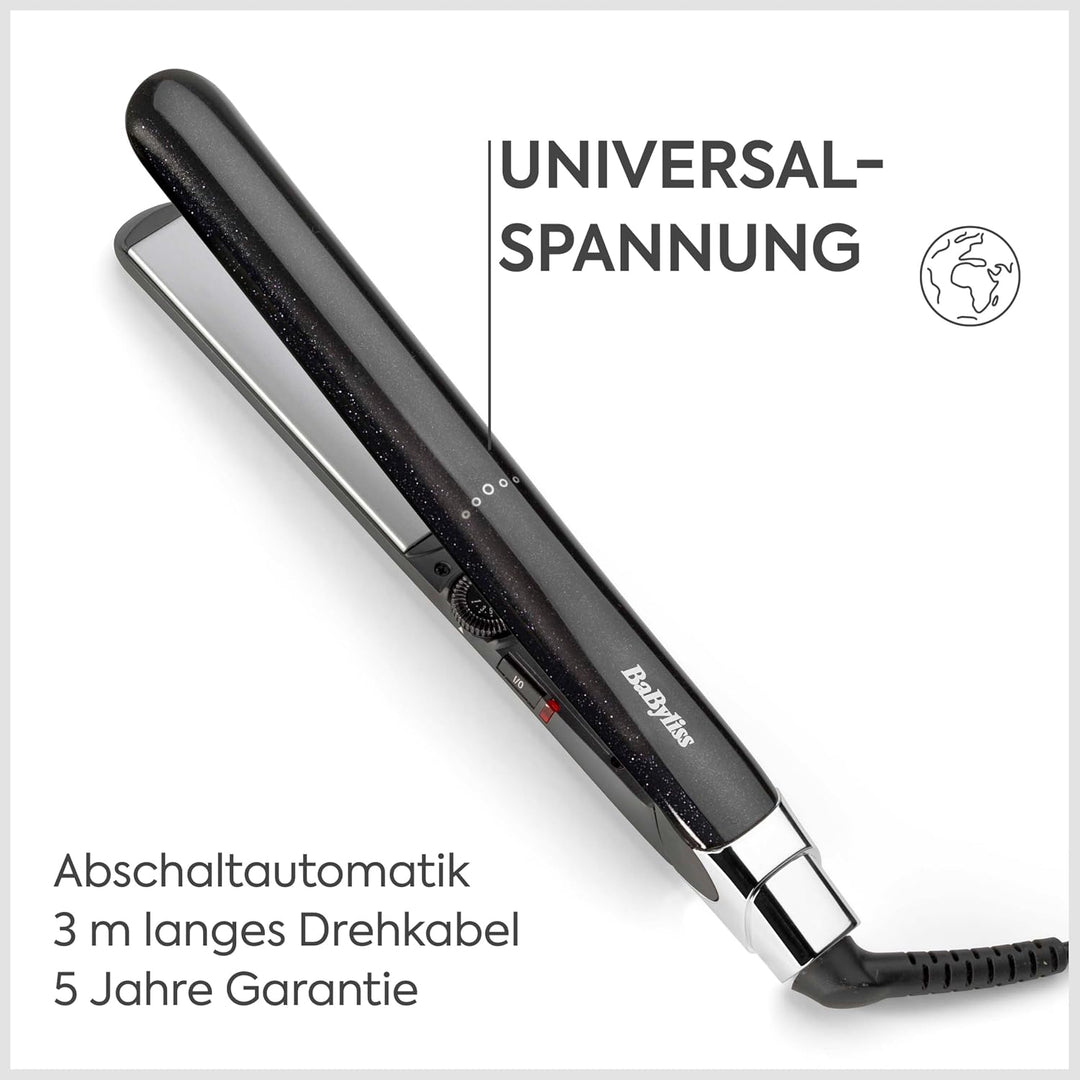 BaByliss Midnight Shine Glätteisen, Haarglätter mit Titan‑Keramikplatten, Extra lange Stylingplatten