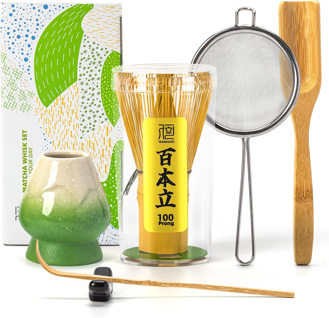 TEANAGOO Matcha Schneebesen Set,Matcha Schneebesen(100 Zinken) mit grünem Halter,6-PCS Traditionelle
