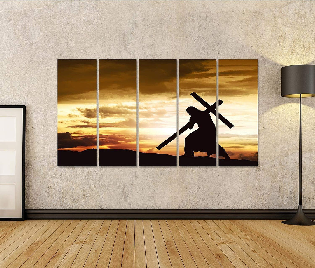 islandburner Bild auf Leinwand Silhouette Jesus Kreuz Hügel Sonnenuntergang Bilder Wandbilder Poster